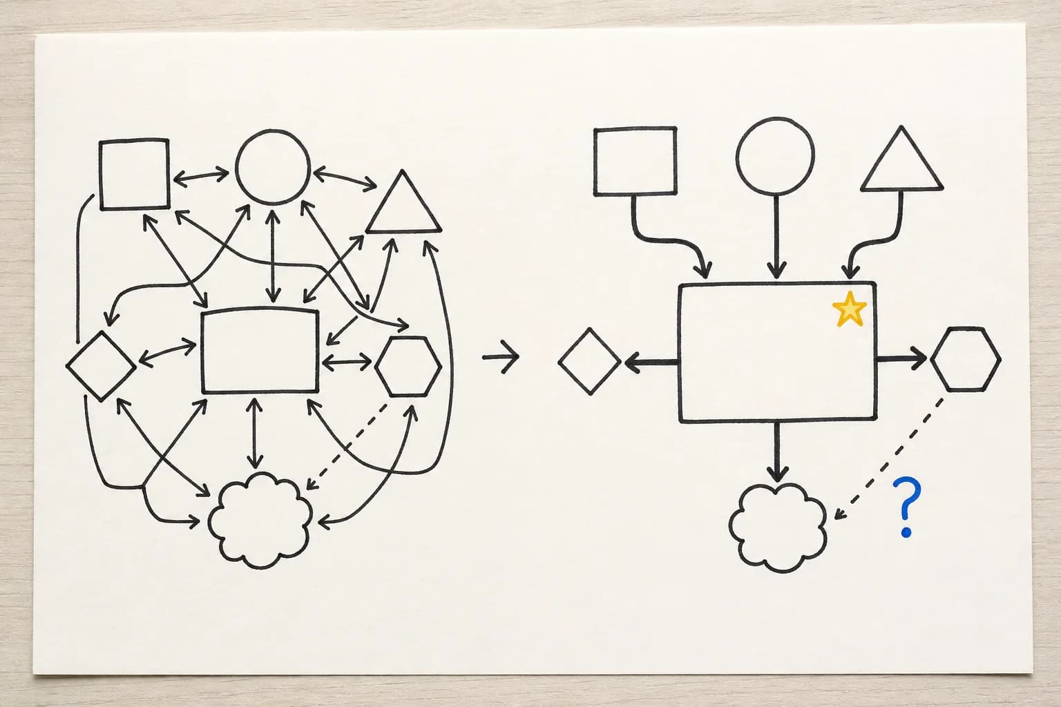 The same content before and after hierarchy is added through size, line weight, position, and colour
