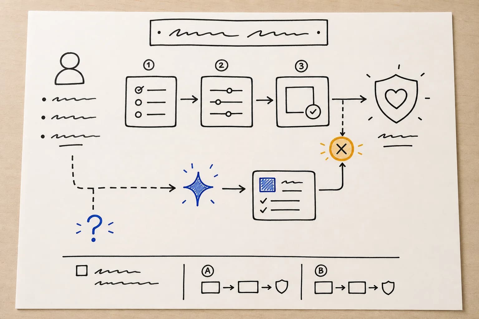 A complete one-page thinking map with a main path, branch, risk, unknown, and next step