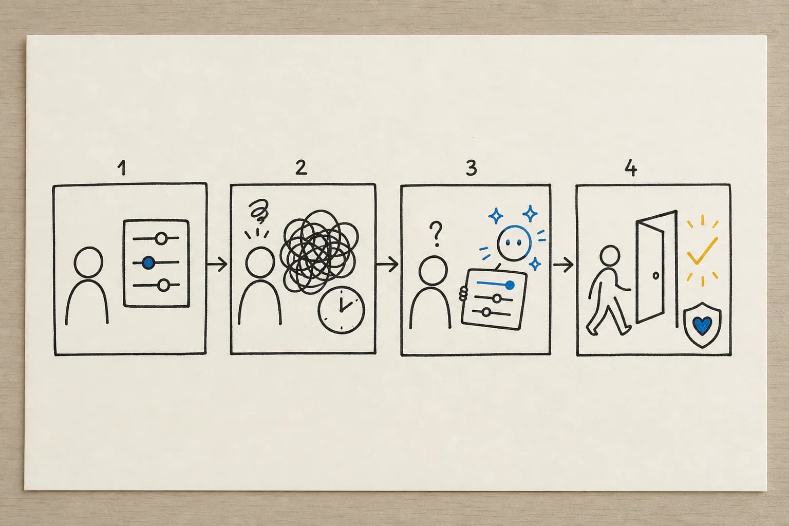 A four-frame sketch of a setup experience: context, obstacle, assistance, and observable result