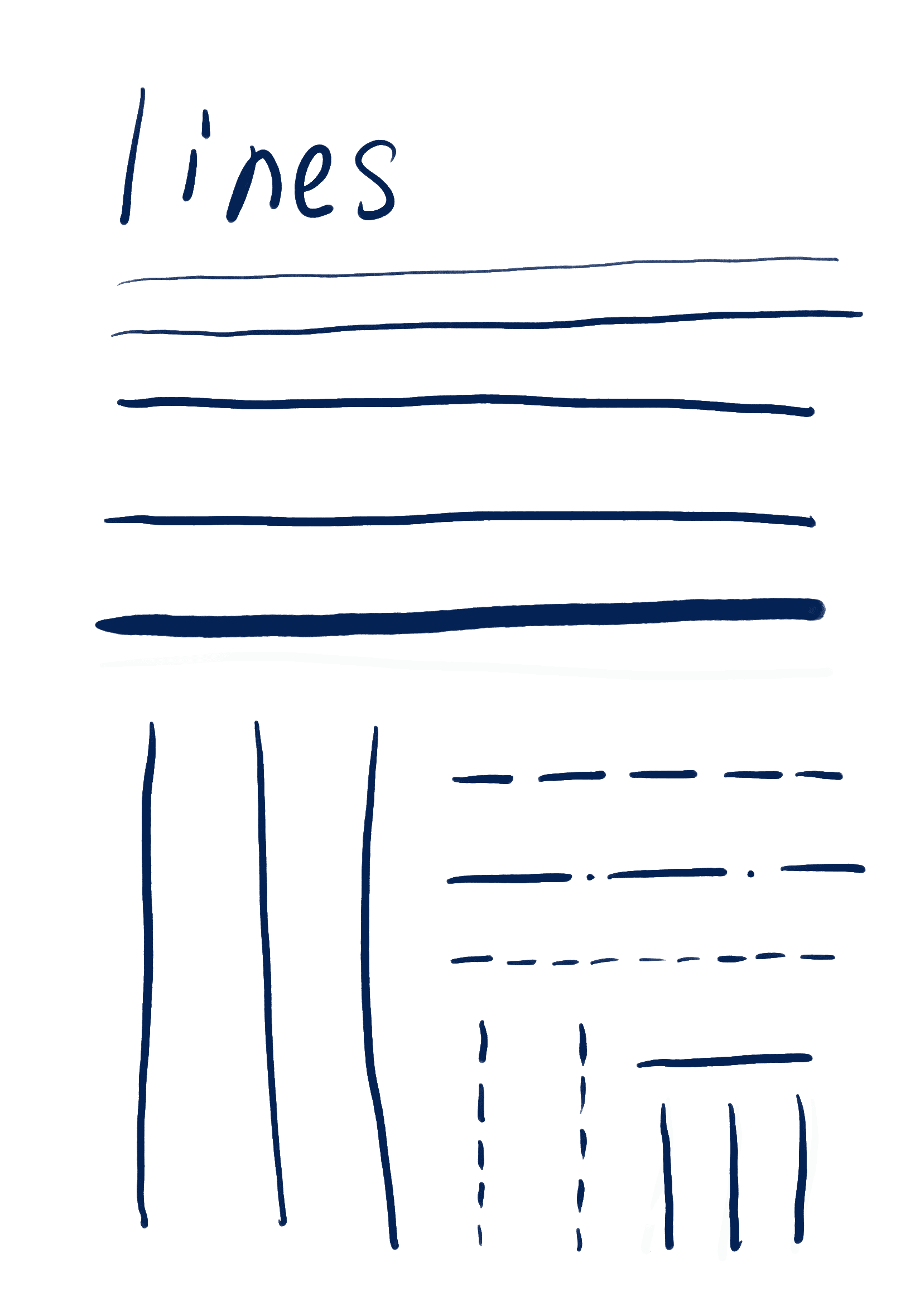 Hand-drawn line practice using different weights, directions, and solid or broken strokes