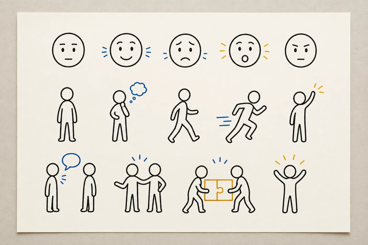 Simple people change from a basic standing pose into different expressions and actions such as walking, thinking, raising a hand, collaborating, and celebrating