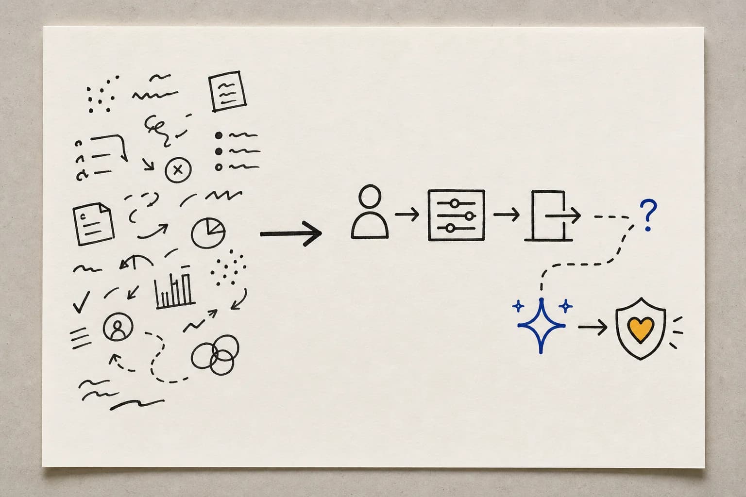 Messy information is reduced to the relationship between user setup, leaving, AI suggestions, and trust risk