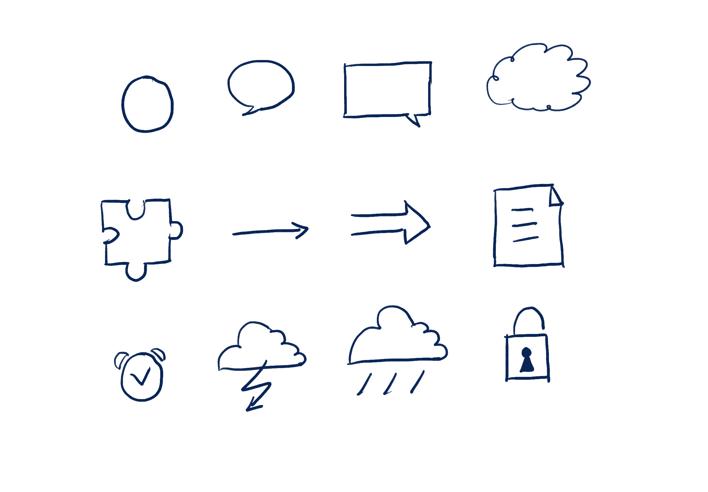 Hand-drawn speech bubbles, puzzle piece, arrows, document, clock, clouds, and lock built from a few distinctive lines