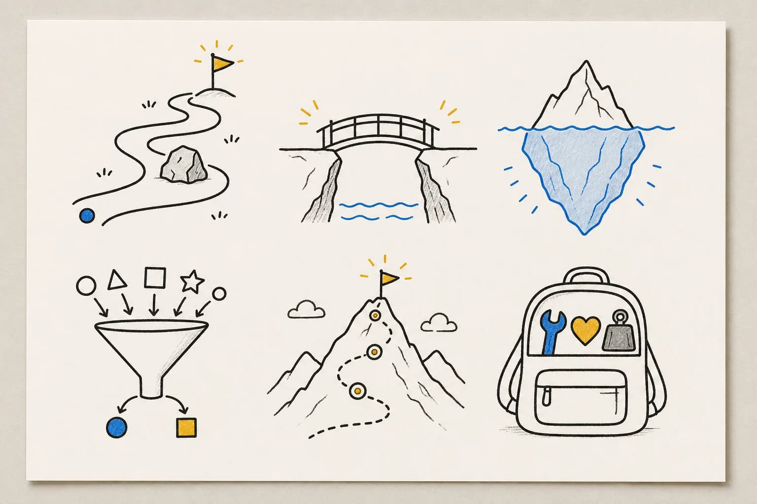 Six hand-drawn visual metaphors: path, bridge, iceberg, funnel, mountain, and backpack